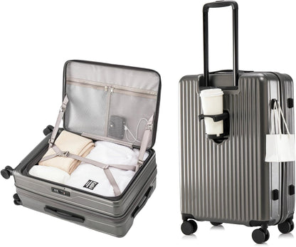 HotWay 26 Inch Expandable Checked Luggage with Cup Holder, Hardside TSA Approved Luggage with Spinner Wheels, Top Opening Suitcase For Travel, Gray