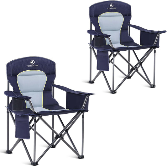 ALPHA CAMP Oversized Camping Chair Heavy Duty Lawn Chair with Cooler Bag Support 450 LBS Steel Frame Collapsible Padded Arm Quad Lumbar Back Folding Chair for Lawn Outdoor