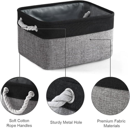 TheWarmHome Storage Basket for Organizing - 14x10x7 inch Medium 3 Pack Collapsible Storage Bin for Shelves with Rope, Fabric Storage Cubes for Organizer Cloth Gift Toy Closet (Black & Grey)