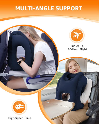 Sunany Travel Pillow, Inflatable Neck Pillow Used for Airplanes/Cars/Buses/Trains/Office Napping with Eye Mask/Earplugs (Blue)