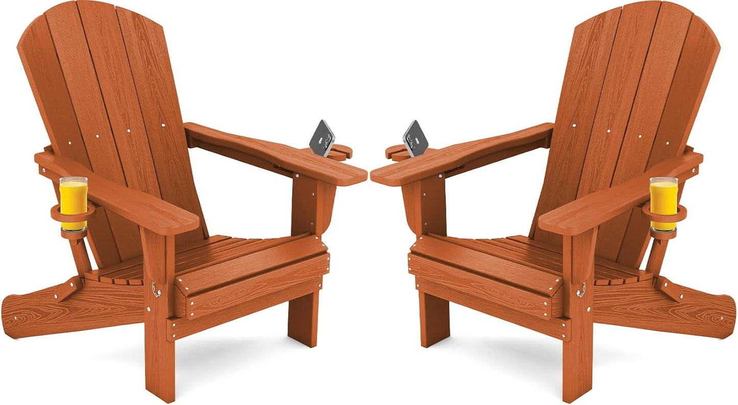 SERWALL Adirondack Chair with Cup Holders - Composite Adirondack Chairs Set of 2 HDPE Outdoor Chairs All Weather Use- Orange
