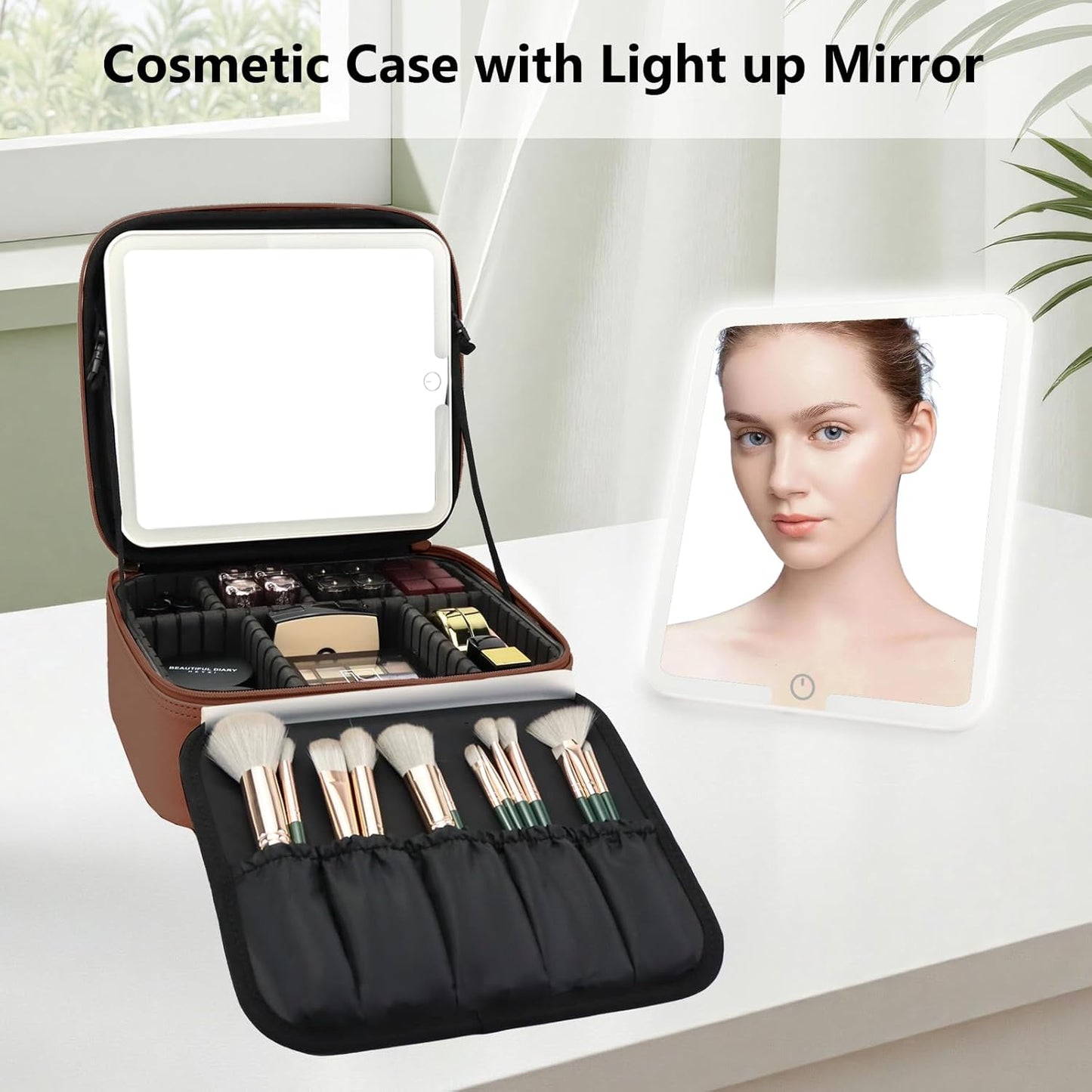 Travel Makeup Bag with LED Mirror Travel Makeup Organizer with 3 Lighted Settings, Adjustable Dividers and Makeup Brush Storage Bag Dark Brown