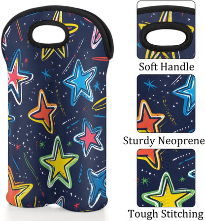 Neoprene Wine Tote, Bottle Carrier Gag Insulating Neoprene Thicker, Insulated Wine Bag for Travel Holds Two Bottles, Bottle Carrier Bags Protect the Bottles, Colorful Stars
