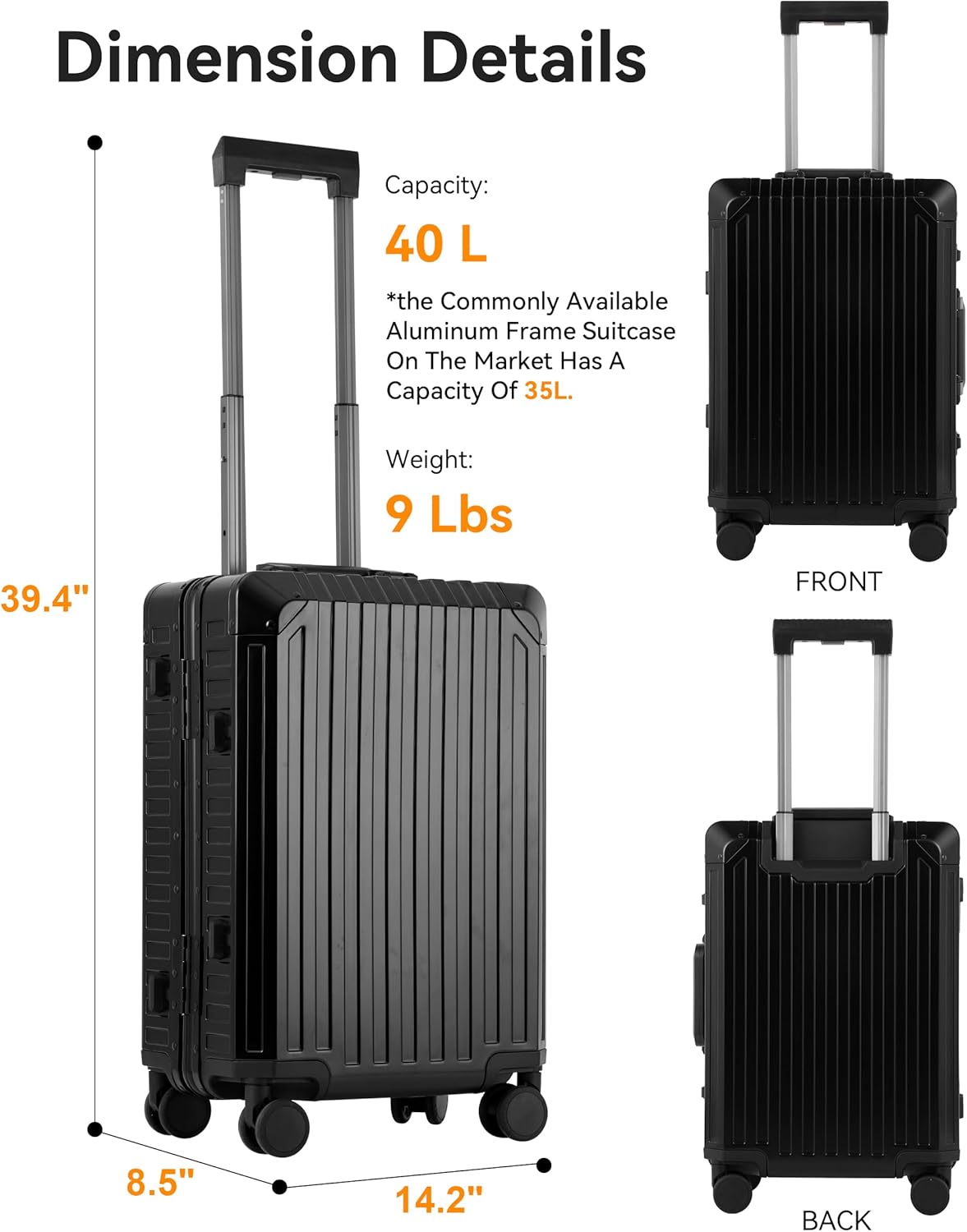 Mvst Luggage Premium All Aluminum Magnesium Carry On 20'' Lightweight Metal,Suitcase with Spinner Wheels Built-in Toiletry Set, Luggage Protector（silvery） (Black, 20inch)