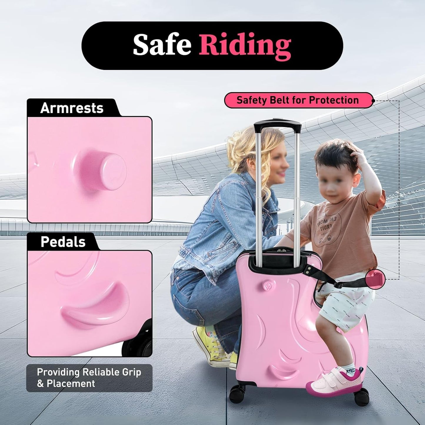 20 Inch Children's Ride On Trolley, Toddler Luggage Seat Ride with Lock, Kid's Ride-on Travel Suitcase with Spinner Wheels, Kids Travel Trolley Riding Luggage Suitcase for Boys Girls Gift, Pink