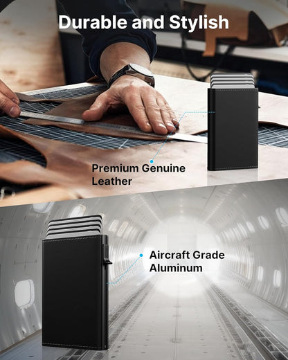typecase Mens Wallet Card Holder: Pop Up Aluminum Case, Genuine Leather, Smart, RFID Blocking, Slim, Minimalist, Front Pocket - 9-14 Card Capacity | ID Window | Cash Slot (Deep Black)