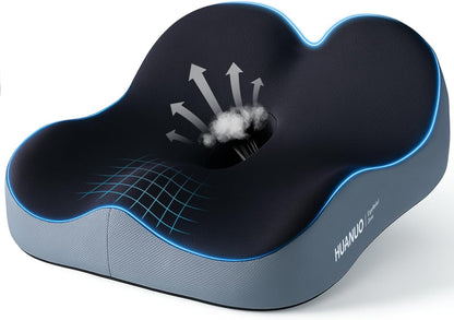 HUANUO Office Seat Cushion for Tailbone Support, High-Density Memory Foam Cushion, Breathable Coccyx Cushion, Non-Slip Bottom for Sciatica Relief, Perfect for Office, Car, and Wheelchair