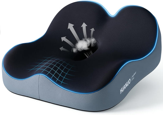 HUANUO Office Seat Cushion for Tailbone Support, High-Density Memory Foam Cushion, Breathable Coccyx Cushion, Non-Slip Bottom for Sciatica Relief, Perfect for Office, Car, and Wheelchair