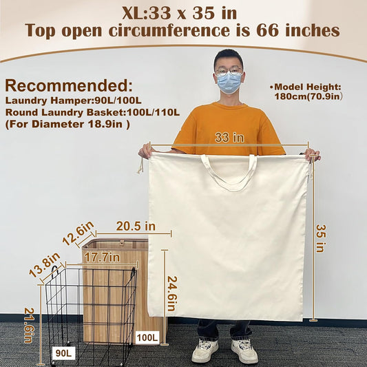 Canvas Laundry Bag 33"x 35", Thick Cotton Laundry Bag with Handles & Drawstring, Extra Large Heavy Duty Washable Basket Liner Hamper Liner Canvas Storage Sack (Beige XL, 2 Pack)