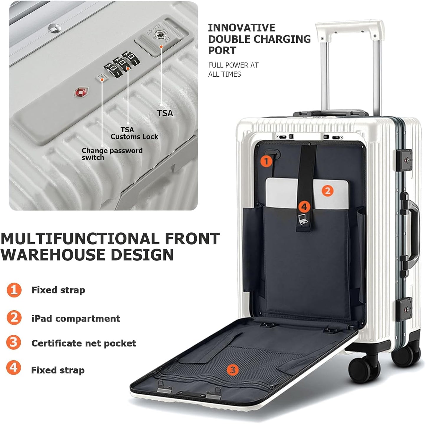 feilario 24in Aluminium Frame PC Hard Shell Spinner Wheels Luggage, Built-In TSA lock Carry on Suitcase, with Cup Holder, USB Port, Phone Holder