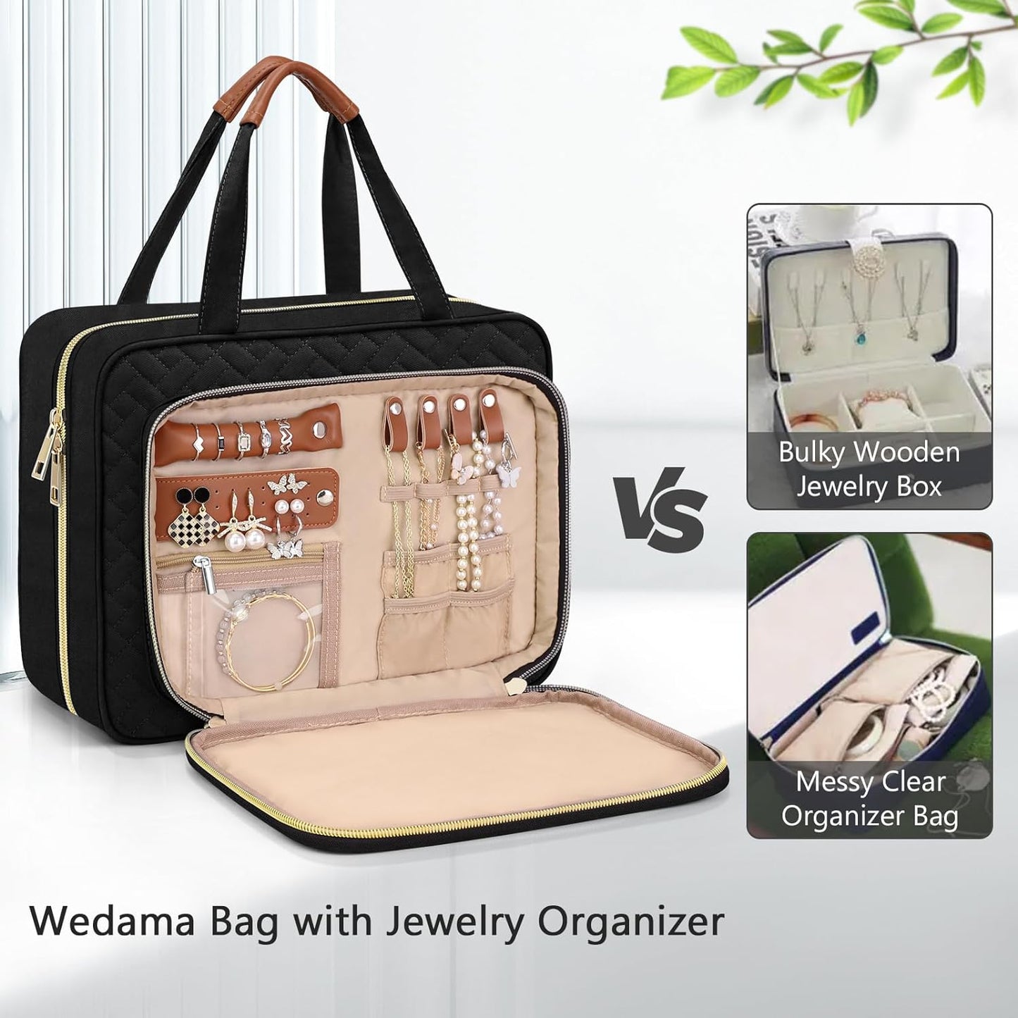 Wedama Toiletry Bag for Women, Hanging Travel Toiletry Bag with Jewelry Organizer Compartment Large Makeup Bag, PVC Waterproof Cosmetic Travel Bag for Travel Business Trips Camping Bathroom, Black