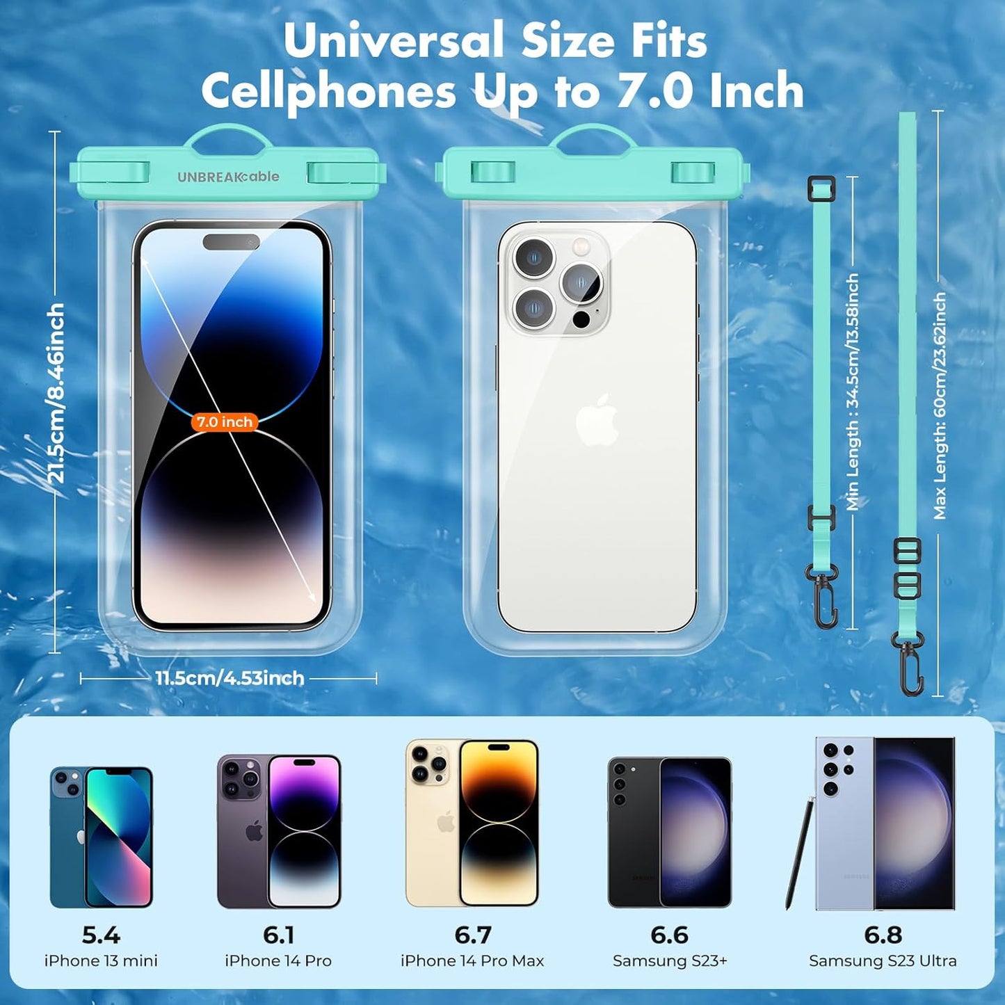 UNBREAKcable Waterproof Phone Pouch-2 Pack IPX8 Waterproof Phone Case for iPhone 16 15 14 13 12 11 Pro Max & Samsung S25 S24-Dry Bag & Travel Essentials for Beach, Pool, Kayak & Cruise-7" Blue+Green