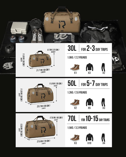 IRON JIA'S Motorcycle Dry Bag - Waterproof Duffle & Luggage Tail Bag Saddle Bags with Roll Top Closure, Shoulder Straps, Inner Pocket and Mesh Pocket (Brown, 30L)