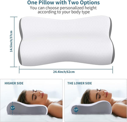 Cervical Neck Pillow for Pain Relief, Contour Memory Foam Pillows for Sleeping, Ergonomic Pillow Orthopedic Cooling Pillow Bed Pillow Neck Support for Side Back Stomach Sleepers(White & Grey)