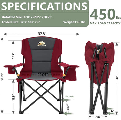 Oversized Camping Chairs 2 Pack - 450lbs Support Heavy Duty Folding Camp Chair Wide Portable Outside Collapsible Chairs with Carry Bag,Cooler,Cup Holder for Outdoor,Lawn,Sports,Baseball,Soccer-Red