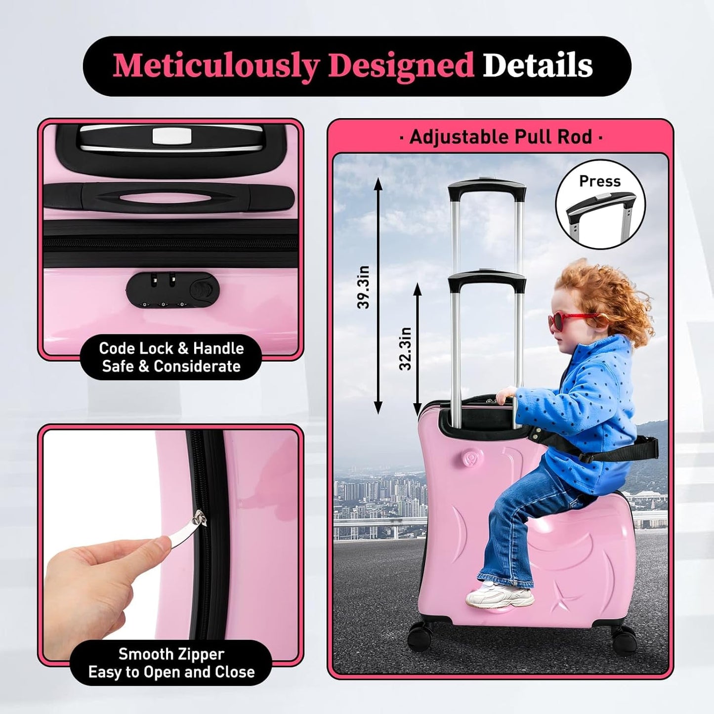20 Inch Children's Ride On Trolley, Toddler Luggage Seat Ride with Lock, Kid's Ride-on Travel Suitcase with Spinner Wheels, Kids Travel Trolley Riding Luggage Suitcase for Boys Girls Gift, Pink