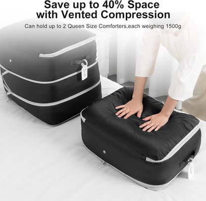 Comforter Storage Bag - Large Capacity Blanket Storage Bags 3-Layer Ultra Space Saving Self Compression Organizer, Washable Compression Bags for Storage Comforter Blanket, 6-Pack, Black