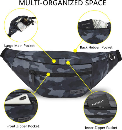 MAXTOP Large Crossbody Fanny Pack with 4-Zipper Pockets,Gifts for Enjoy Sports Festival Workout Traveling Running Casual Hands-Free Wallets Waist Pack Phone Bag Carrying All Phones