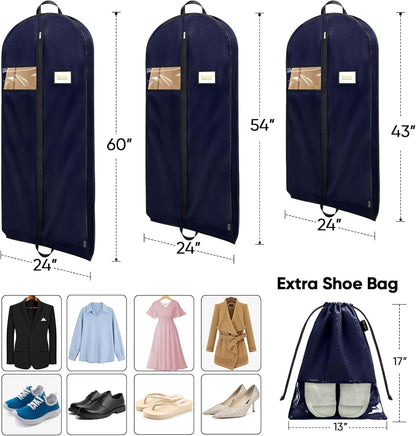 BALEINE 2PK Heavy Duty Garment Bag with Shoe Storage Travel Bag for Dresses, Suit, Coats Travel Essential (43", Blue)