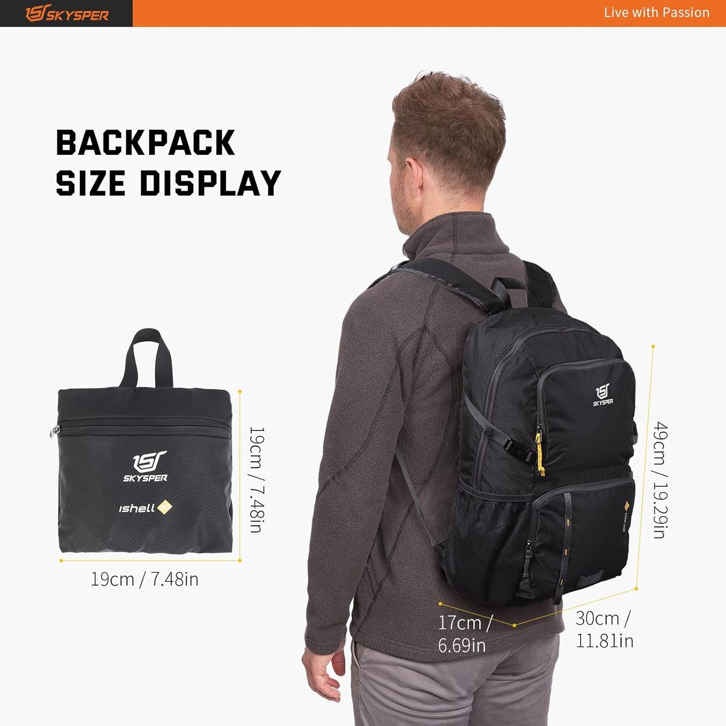 SKYSPER Lightweight Packable Backpack - 30L Hiking Daypack with Wet Pocket Foldable Travel Carry-on Backpack for Women Men
