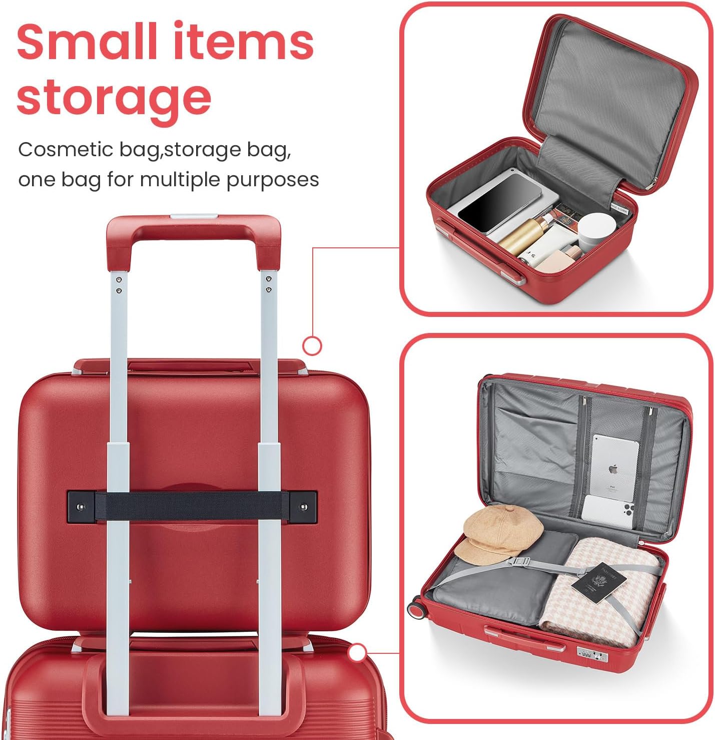 Campfun Luggage 4 Piece Sets, Expandable Carry On Luggage Set Hardshell PP, Suitcase Set with Double Spinner Wheels, Checked Durable Lightweight with TSA Lock, 14/20/24/28in, Red(A)