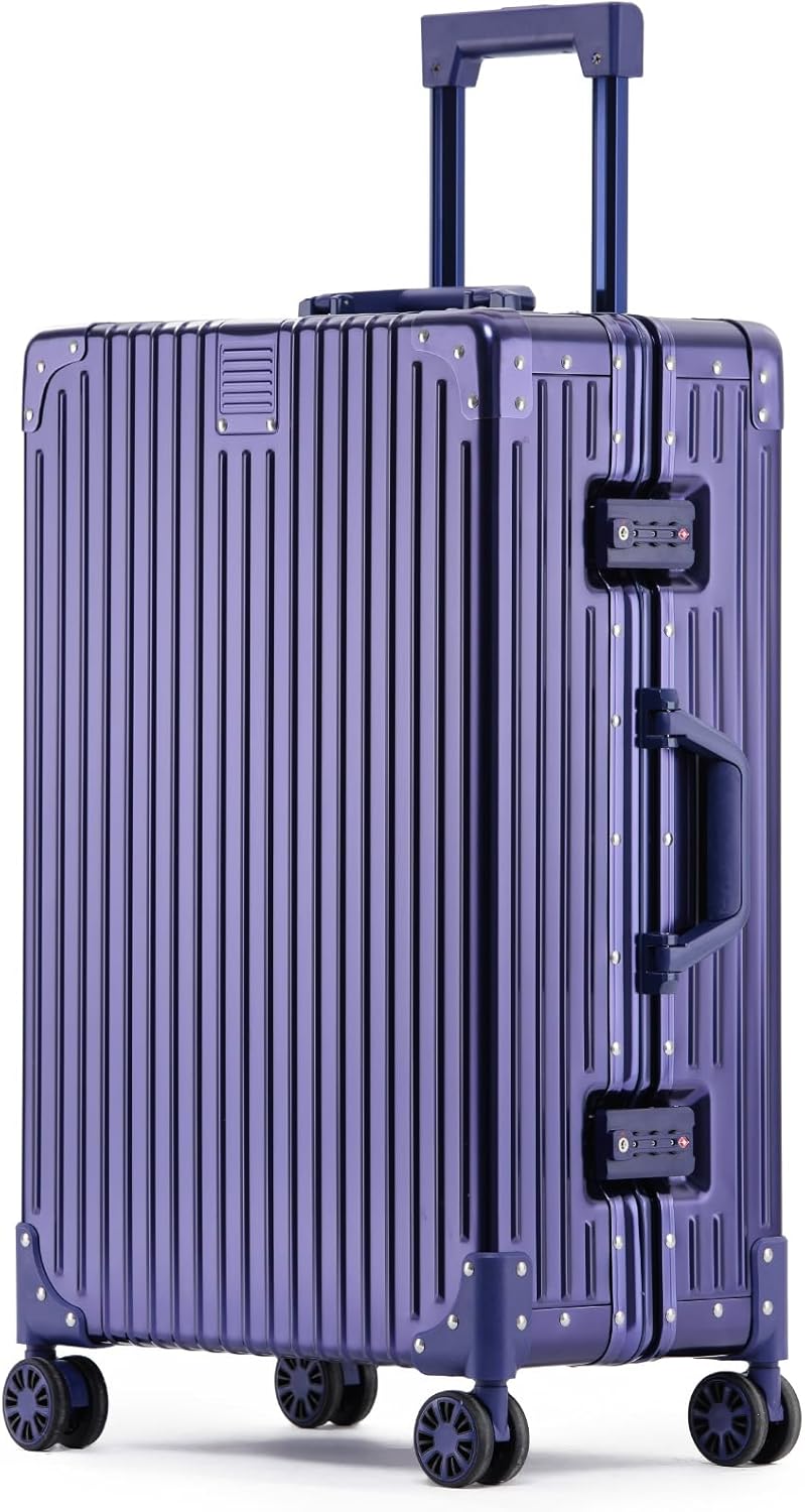 Metal All Aluminum Carry-on Luggage TSA Customs Lock Zipperless Silent Rotary Wheel Business Suitcase Aluminum Frame Set (blue, 28 '')