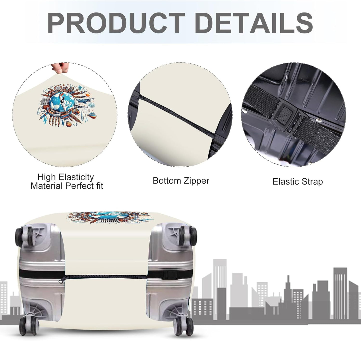 ANNA QUEEN Travel Around the World Luggage Cover, Colorful Landmark Suitcase Protector with Airplane & Globe Design, Stretchable, Washable Travel Sleeve for 32-34 Inch Luggage