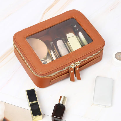 Aveniee Clear Makeup Bag, Travel Toiletry Case Car Accessories Organizer for Women, Heavy Duty Clear Pouch with Dual Zippers(Brown)