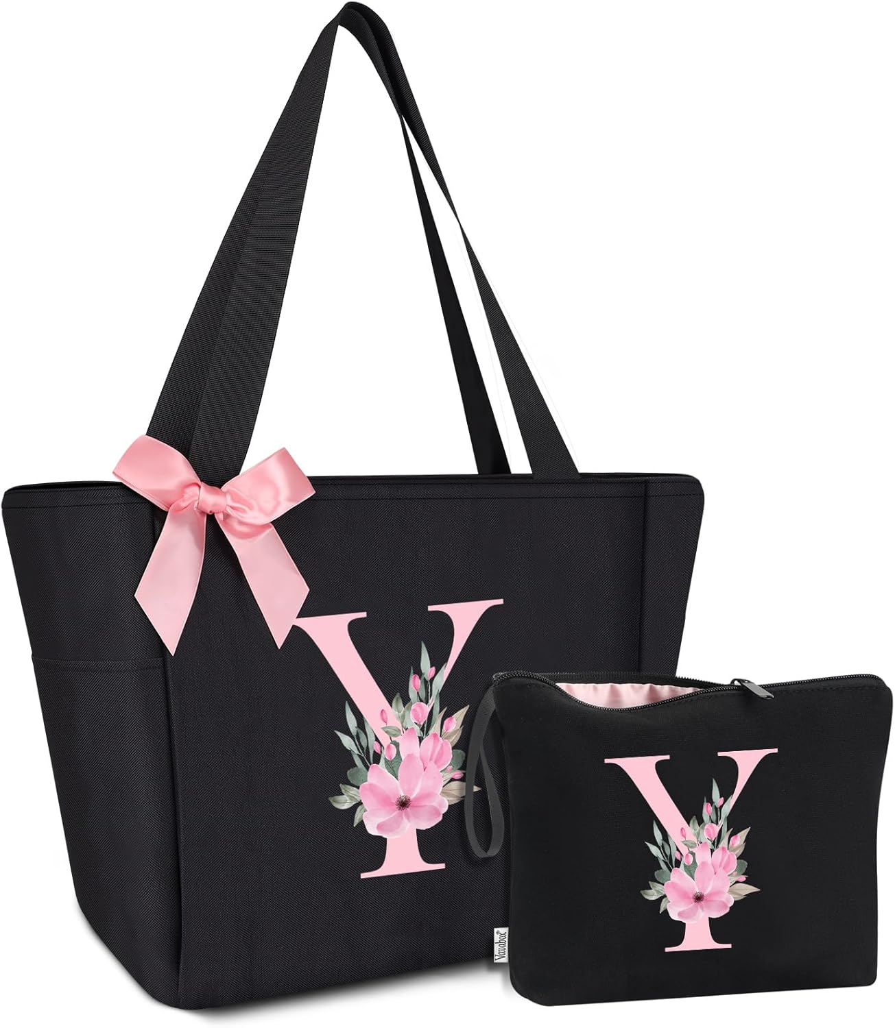 Vavabox Tote Bag, A-Z Initial Monogrammed Waterproof Tote Bag, Bridesmaid Gifts for Women, Black and Pink