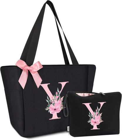 Vavabox Tote Bag, A-Z Initial Monogrammed Waterproof Tote Bag, Bridesmaid Gifts for Women, Black and Pink