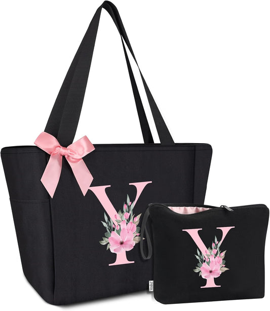 Vavabox Tote Bag, A-Z Initial Monogrammed Waterproof Tote Bag, Bridesmaid Gifts for Women, Black and Pink