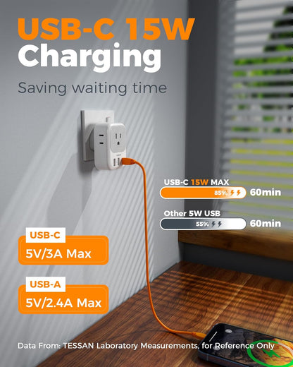 UK Adapters for Travel 2 Pack, TESSAN Type G US to UK Plug Adapter with 4 Outlets 3 USB Charger(1 USB C Port), Power Adaptor for USA to Ireland Scotland Dubai Hong Kong England British Kenya London