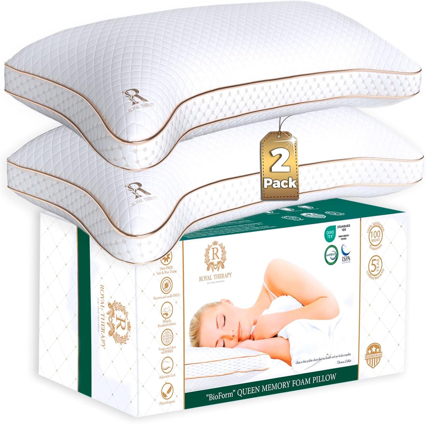 Royal Therapy King Pillows 2 Pack - Shredded Memory Foam Pillows for All Sleep Positions - Medium Firm Pillow with Adjustable Loft, Bamboo Rayon Cover, CertiPUR-US, Oeko-TEX Certified