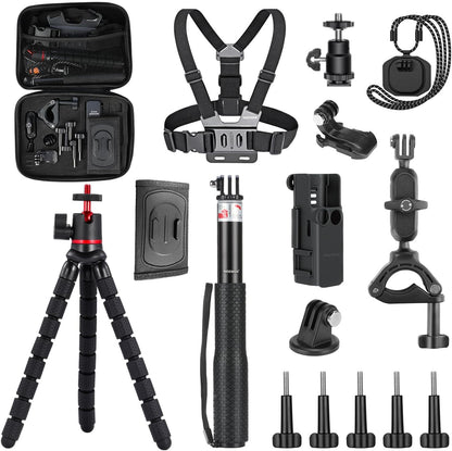 NEEWER Basics 16 in 1 Accessories Kit Compatible with DJI OSMO Pocket 3, Mini Tripod Selfie Stick Chest Strap Magnetic Neck Mount Extension Adapter Mountaineering Cycling Dual Cam Vlog, GP-52