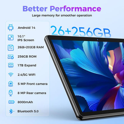 Android Tablet with Keyboard, 26GB RAM, 256GB ROM(1TB Expand), 10.1 inch Android 14 Tablet, 8000mAh Battery, BT 5.0, GMS Certified, 2.4G&5G WiFi, 2 in 1 Tablets with Mouse, Case, Stylus(Black)