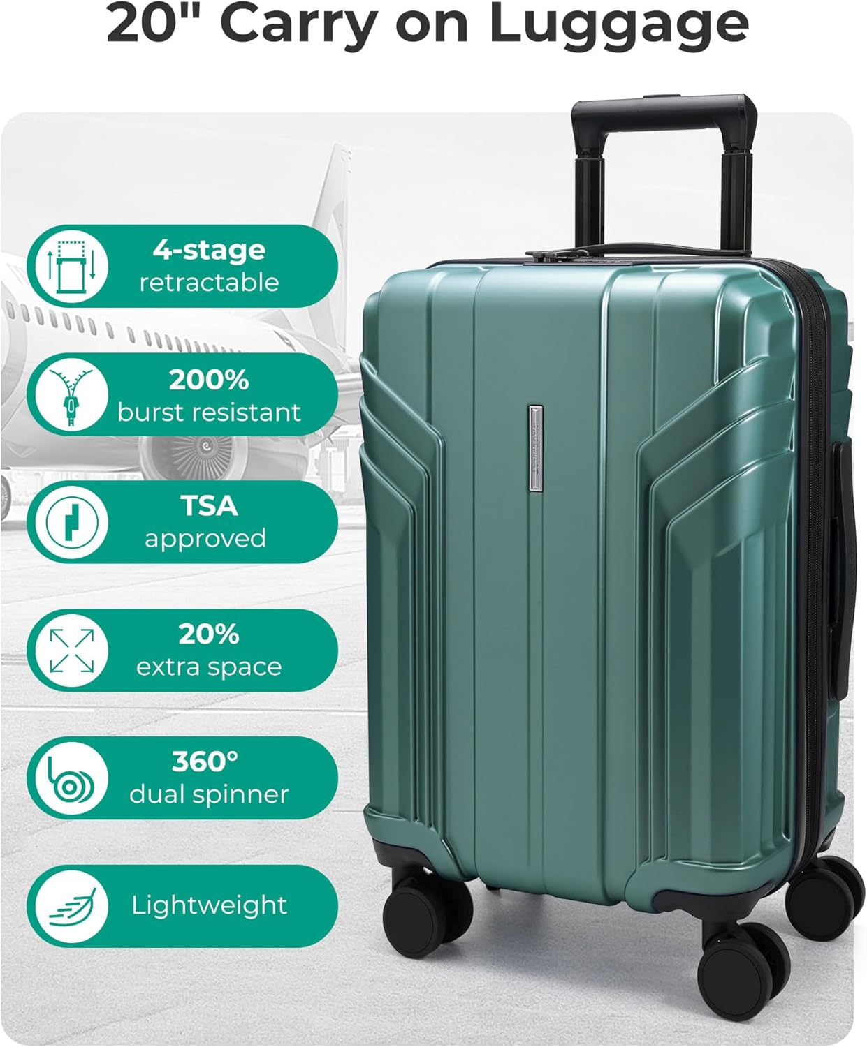 BAGSMART Expandable Carry On Luggage 22x14x9 Airline Approved, 1OO% PC Lightweight Hard Shell Suitcase, 20 Inch Travel Luggage with Spinner Wheels,Carry on Olive Green