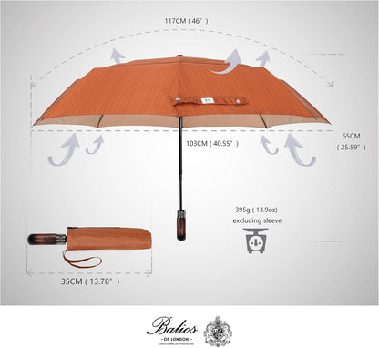 Balios Travel Folding Umbrella with Real Wood Handle Auto Open Close Vented Windproof Canopy - Designed in UK