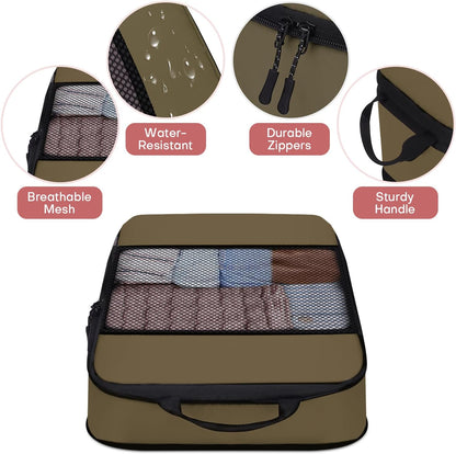 6 PCS Set Compression Packing Cubes for Travel, Lightweight Packing Organizer Bags Travel Essentials for Carry On, Suitcase,Home Closet - Brown