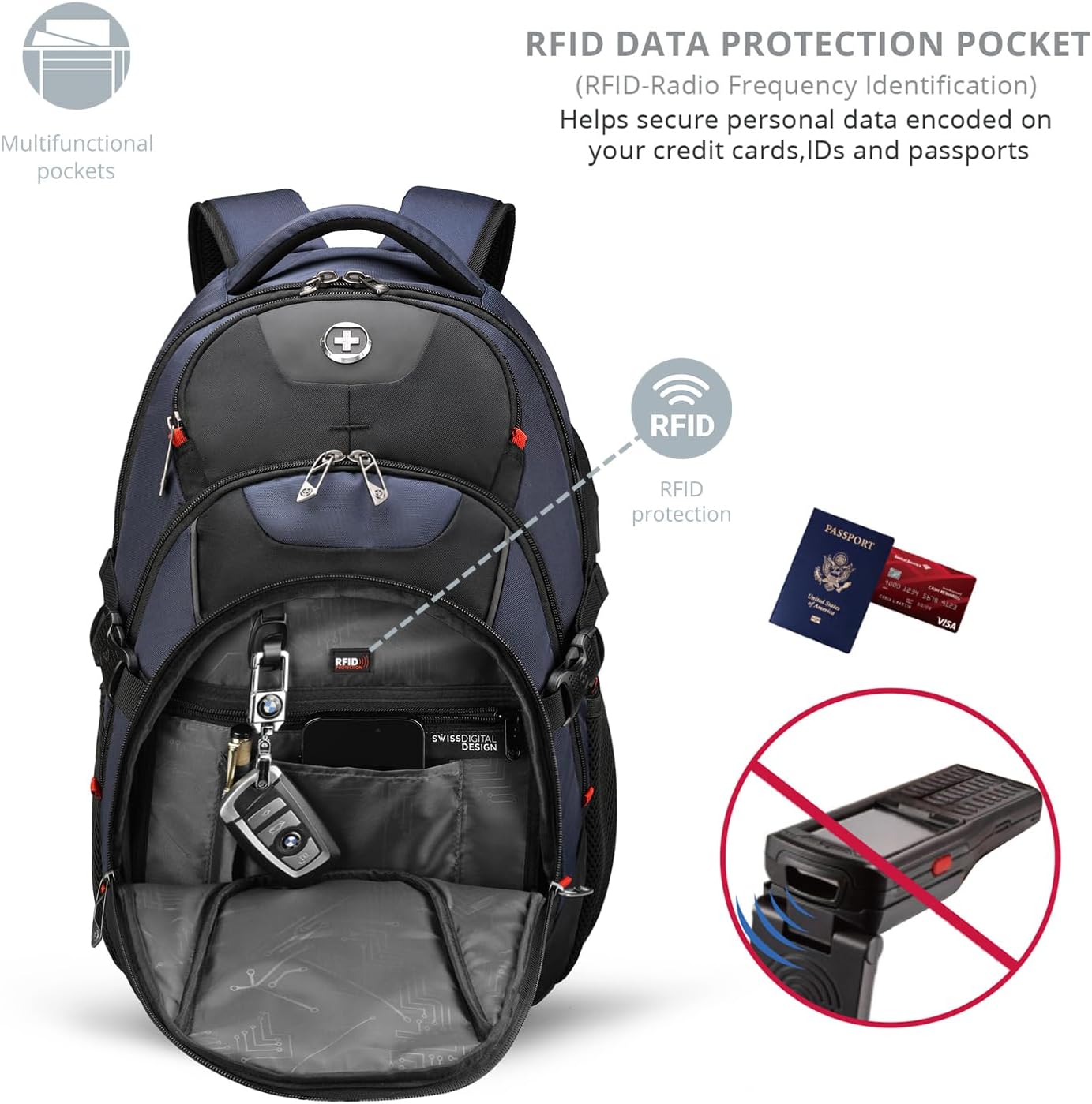 Swissdigital Design Travel Backpack for Men with Apple Find My, Laptop Backpack with USB Charging Port, RFID Protection, Add-A-Bag System - Travel Backpack for Men