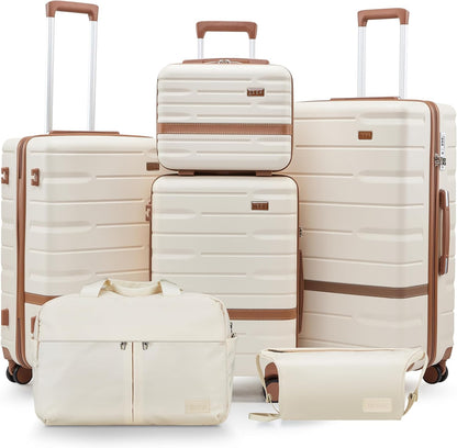 Luggage Sets, Suitcase with Spinner Wheels, PC+ABS Hardshell Travel Luggage Set with TSA Locks,Lightweight Rolling Luggage，Carry on suitcase with YKK Zippers(Beige, 6 piece set(14/20/24/28/DB/TB))