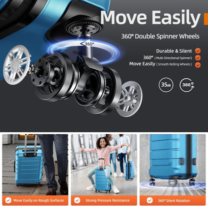 SHOWKOO Luggage Sets Expandable PC+ABS Durable Suitcase Sets Double Wheels TSA Lock 4 Piece Luggage Set Sky Blue