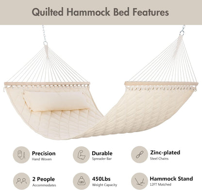 ANOW Two Person Hammock with Spreader Bars and Detachable Pillow, Heavy Duty Hammock for Outdoors Indoors, 450 LBS Weight Capacity, Cream
