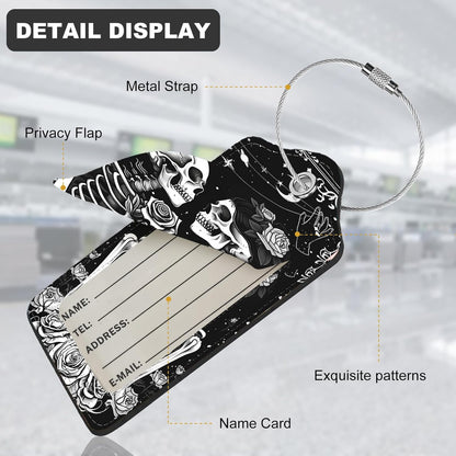 2Pack Luggage Tags for Suitcases, Cute Unique Pu Leather Cruise Luggage Tag with Privacy Cover ID Label Address Card and Metal Ring Suitable for Women Men Kids Travel Bag Skeletons and Flowers