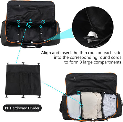 110L Expandable to 140L 32” Foldable Oxford Soft-Sided Rolling Duffle Bag with 2 Heavy-Duty Wheels,3 Large Compartments,Adjustable Shoulder Strap and Attached Organizer Pouch,Black Orange