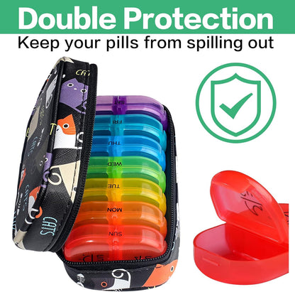 Serfeymi Weekly Travel Pill Organizer 2 Times A Day AM PM Upgraded Rainbow Pill Box 7 Day with Portable Zipper PU Leather Pill Case, Medicine Organizer for Pills, Vitamins, Fish Oils - Black 02