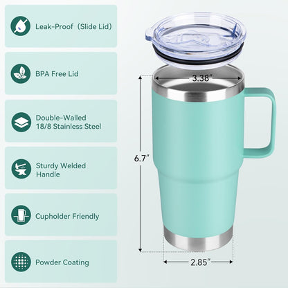 HASLE OUTFITTERS 20oz Tumbler Bulk with Lid, Stainless Steel Tumbler Bulk with Handle, Metal Insulated Travel Coffee Mug Set with Handle, Double Wall Vacuum Leak Proof Tumbler Cup, Mint Green 12 Pack