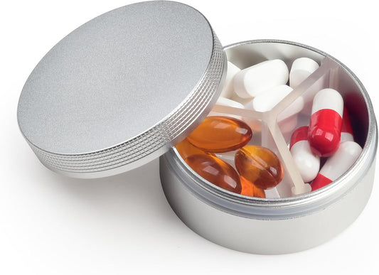 Small Pill Case 3 Compartments, Metal Round Portable Pill Box, Waterproof Travel Pill Organizer, Pocket Purse Medicine Vitamin Holder EDC Container (Silver)
