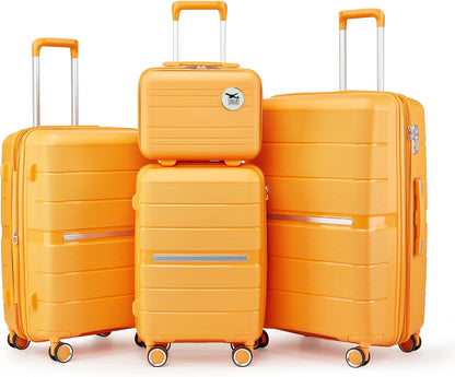 Campfun Luggage 4 Piece Sets, Expandable Carry On Luggage Set Hardshell PP, Suitcase Set with Double Spinner Wheels, Checked Durable Lightweight with TSA Lock, 14/20/24/28in, Orange(A)
