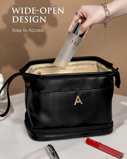 Gifts for Women-Initial Large Makeup Bag for Female, Gift for Women Personalized Cosmetic Bag with Makeup Brush Organizer, Teacher Gift, PU Leather Travel Toiletry Bag Small gift Bags
