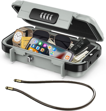 LOFICOPER Portable Safe Box, 4 Digit Combination Security Case, Waterproof Travel Lock Box, Small Beach Safe with Removable Chain, for Sports, Travel, Home, Office, Grey